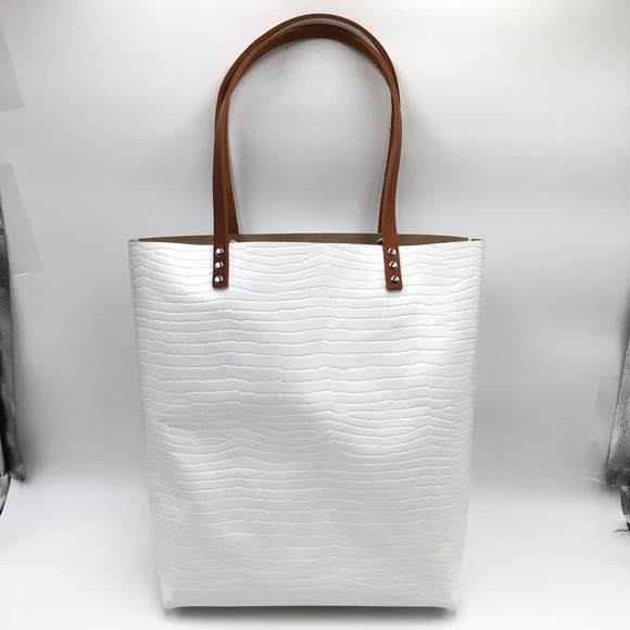 New Handmade croc embossed white leather large unlined tote shoulder handbag - Picture 5 of 11